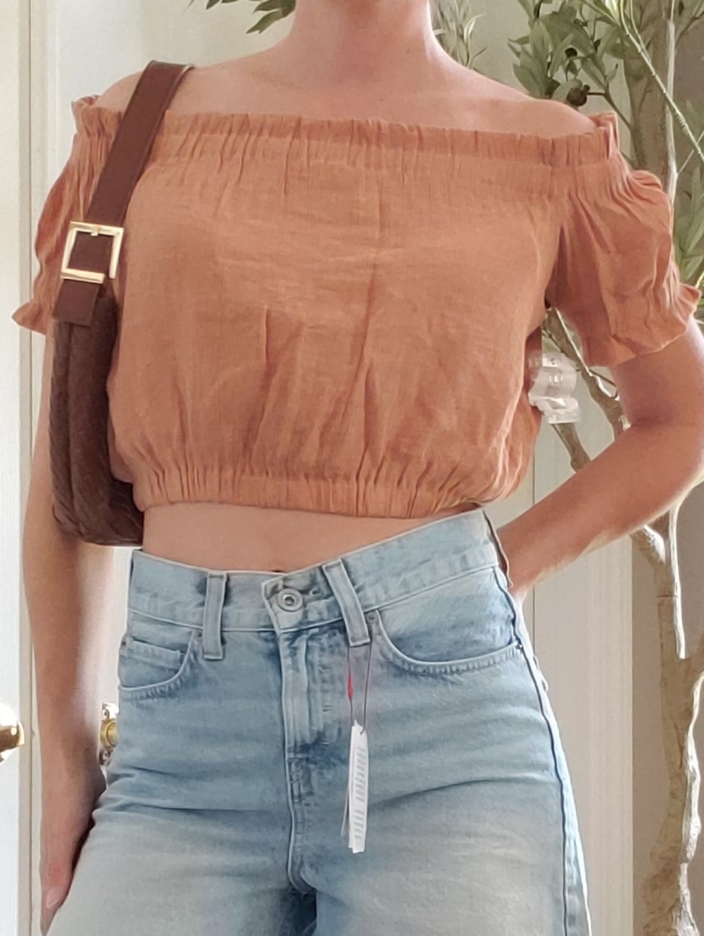 1. STATE Dusty Orange Off the Shoulder Ruffle Medium Crop Top